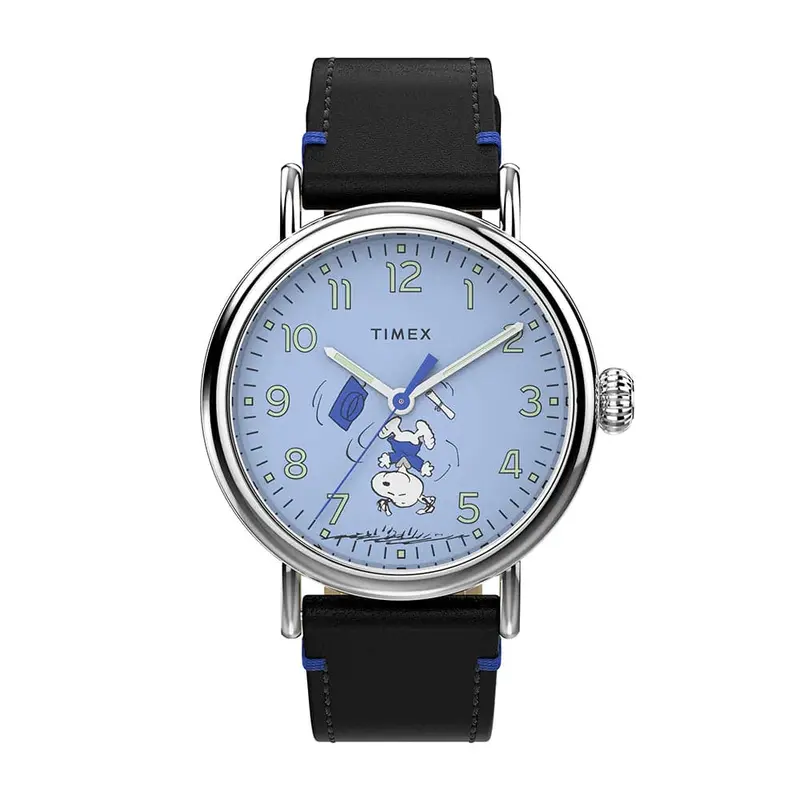 Timex Standard X Peanuts Blue Dial Black Leather Strap Men Watch Tw2v60300 1
