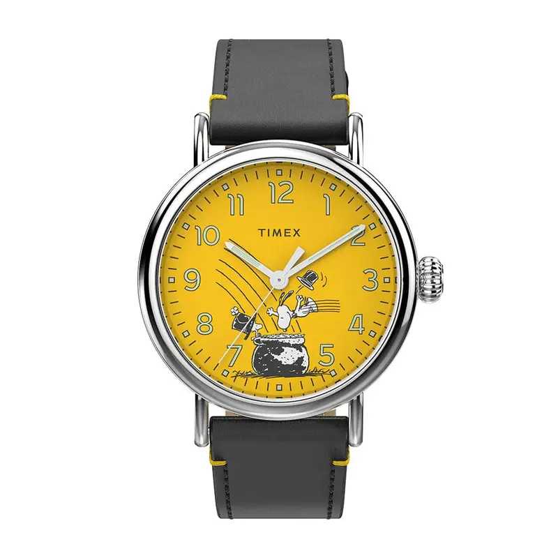 Timex Standard X Peanuts Yellow Dial Black Leather Strap Men Watch Tw2v60400 1