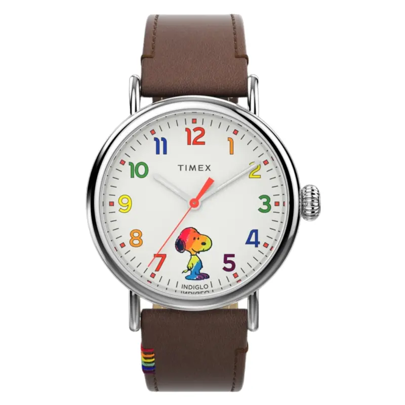 Timex Standards X Peanuts Rainbow Brown Leather Strap Watch Tw2w53900 1