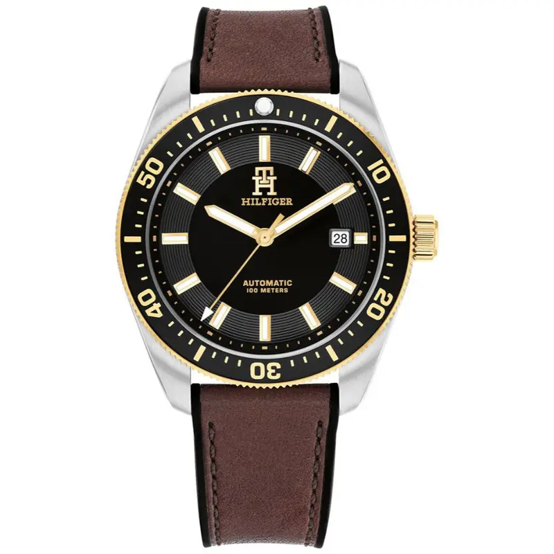 Tommy Hilfiger Th85 Automatic Black Dial Brown Leather Strap Watch 1792142 1