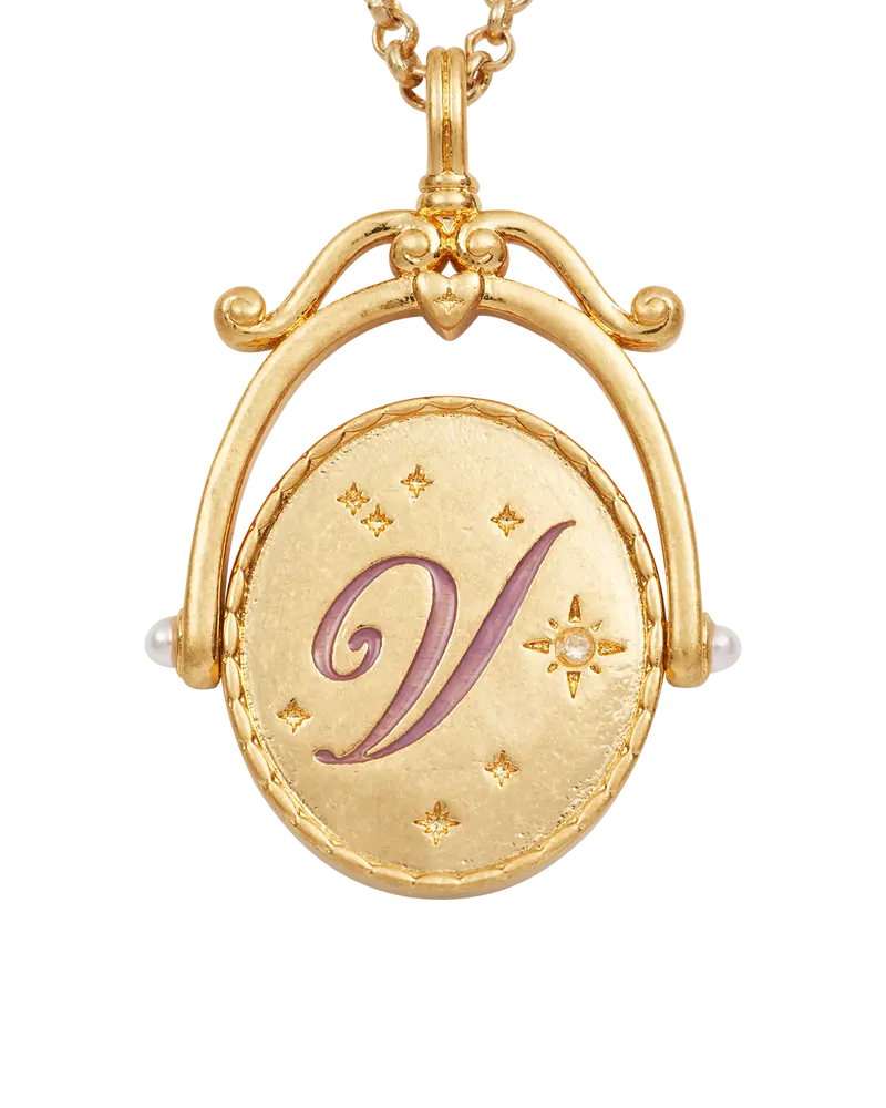 V Initial Violet Gold Spinner Necklace 1