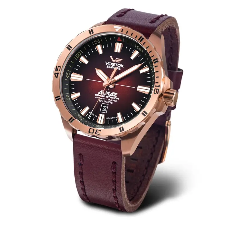 Vostok Europe Almaz Automatic Burgundy Leather Strap Men Watch Nh35-320B679-L 1