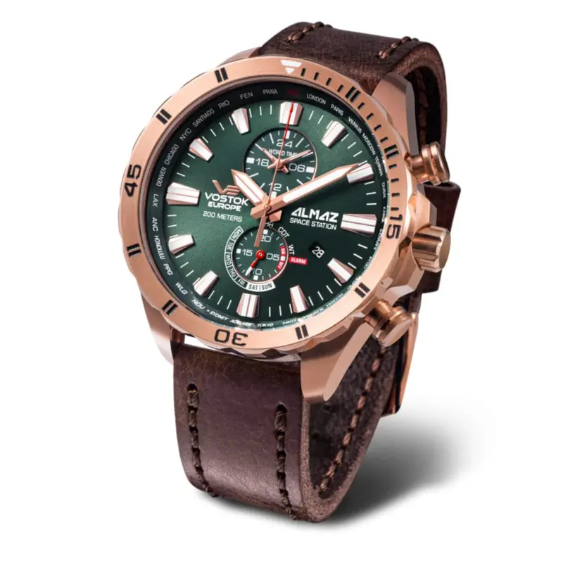 Vostok Europe Chronograph Brown Leather Strap Men Watch Ym8j-320B656-L 1