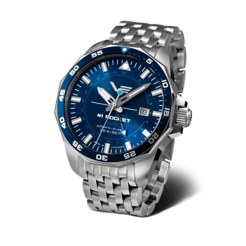 Vostok Europe Gmt N-1 Rocket Blue Dial Silver Stainless Steel Strap Men Watch Nh34-225A712-B 1