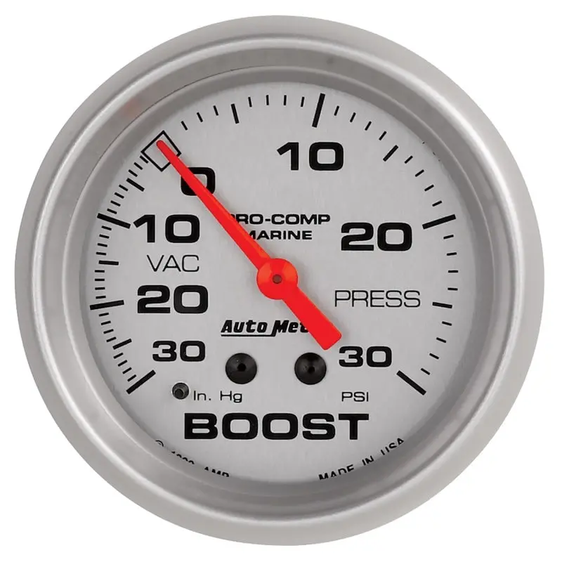 Autometer 2-5/8" Mechanical Marine Vacuum/Boost Gauge – -30 Inhg To +30 Psi, Silver Finish 1