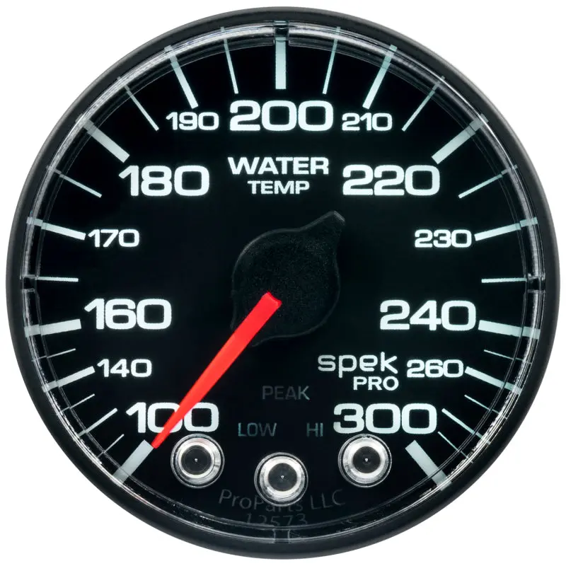 Autometer Spek-Pro Water Temperature Gauge – 2-1/16 In, 300°F Range, Stepper Motor, Peak/Hold & Warning Features (Black/Black) 1