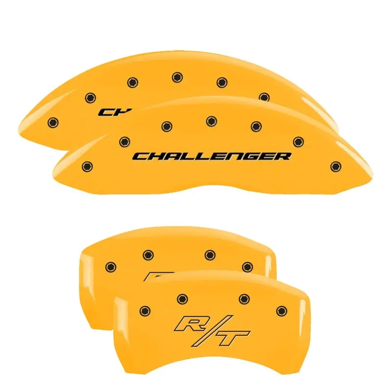 Mgp Engraved 4-Piston Caliper Covers – Front Block Style, Rear Vintage Design For Dodge Challenger Rt – Yellow Finish On Black Base 1