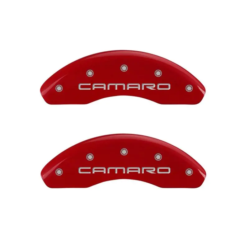 Mgp Engraved Caliper Covers – Front For Camaro Gen 4, Rear For Z28, Red Finish With Silver Chrome Accents 1