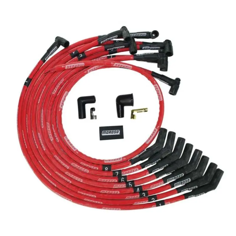 Moroso Ultra Spark Plug Wire Set – Bbc Over-Valve-Cover Style, 135° Boots, Hei Sleeved, Red Silicone 1